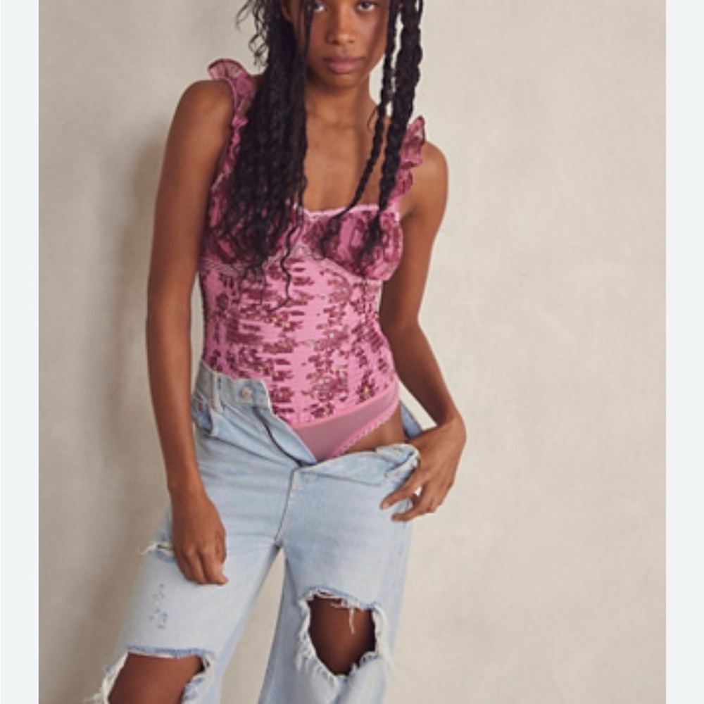 Free People Pink Smocked Floral One-Piece Bodysuit